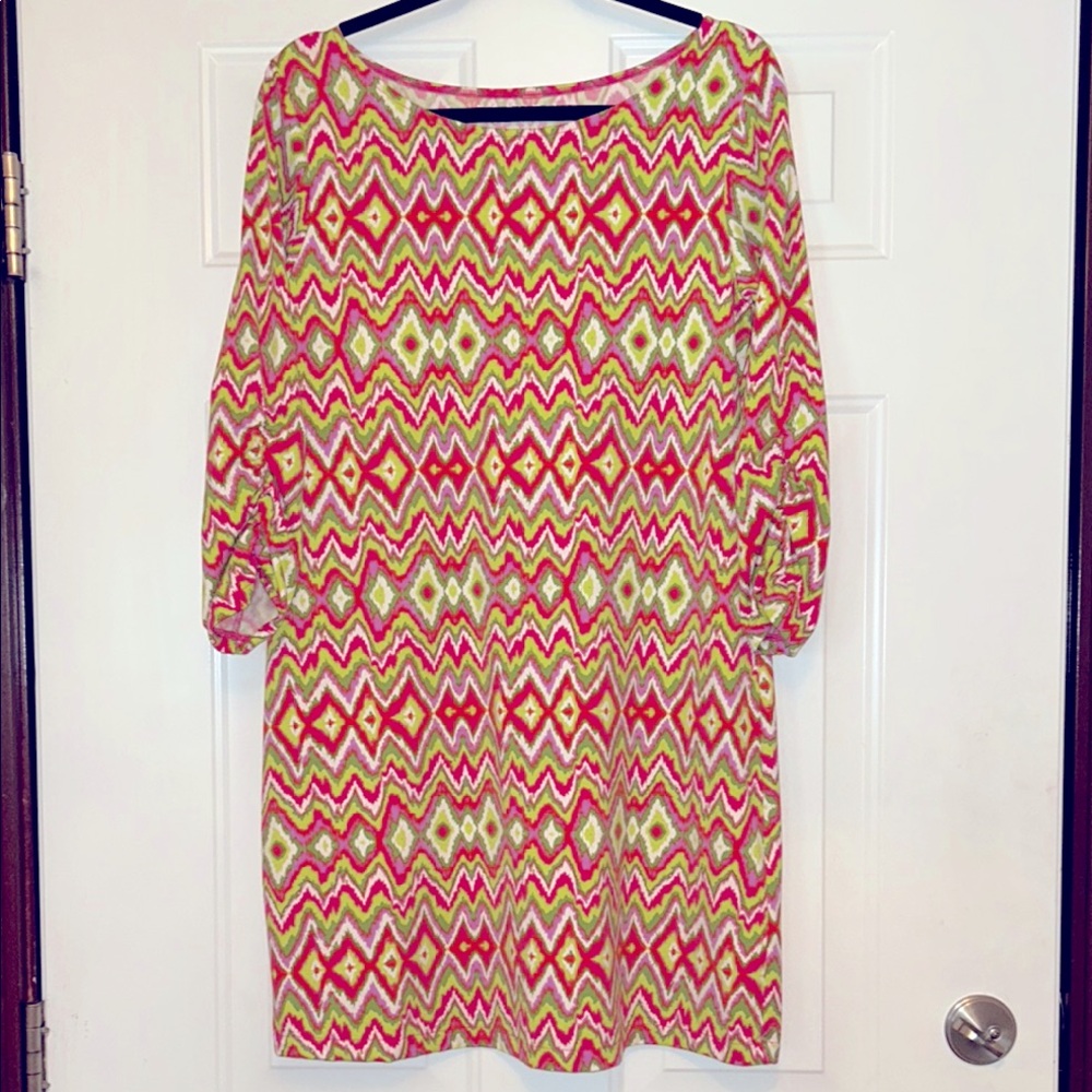 Soybu Geometric Dress L Colorful Ikat Zigzag Ruched Sleeve Casual Career